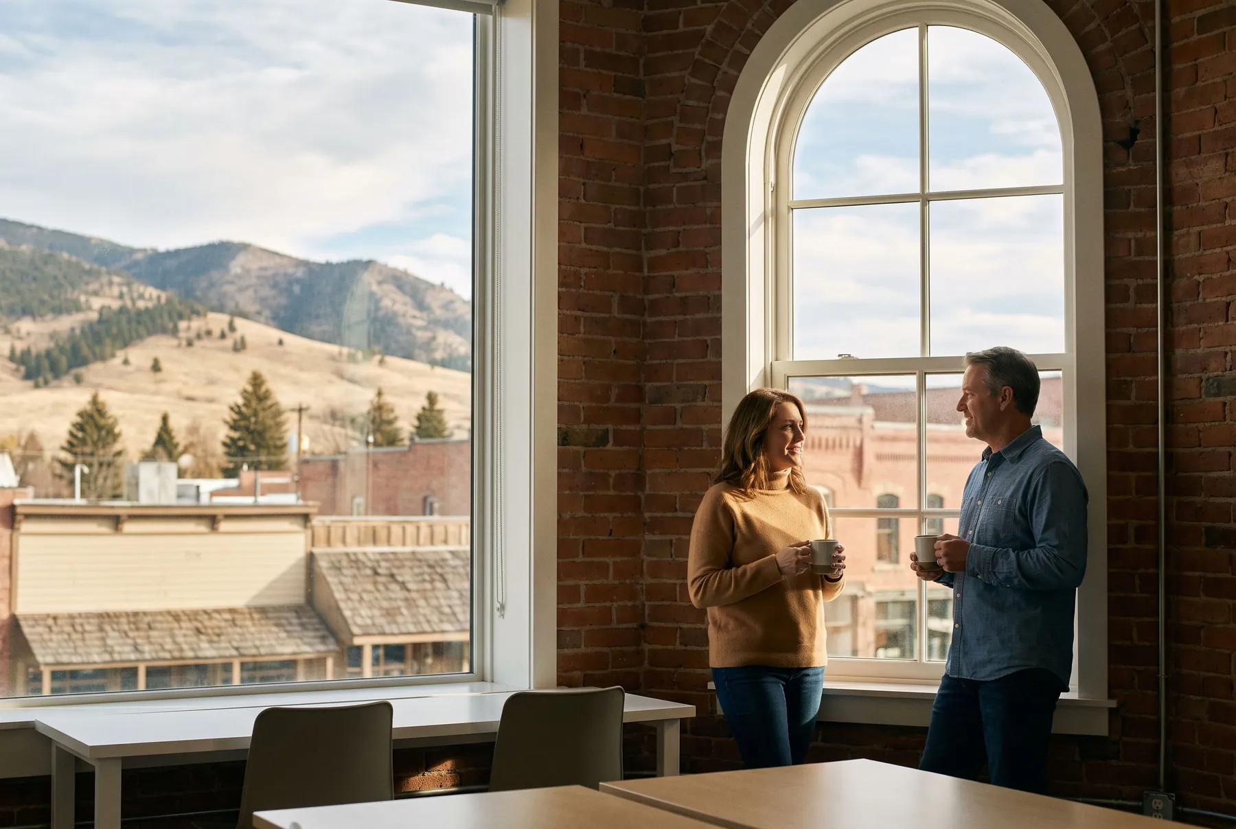 Two business owners talking by a tall window in a brick office that looks over a Montana main street and dry hills