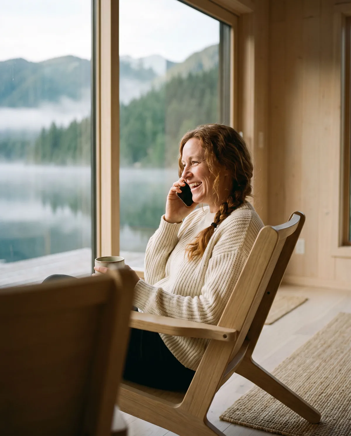 A lodge owner laughing on a phone call in a chair by a lake-view window