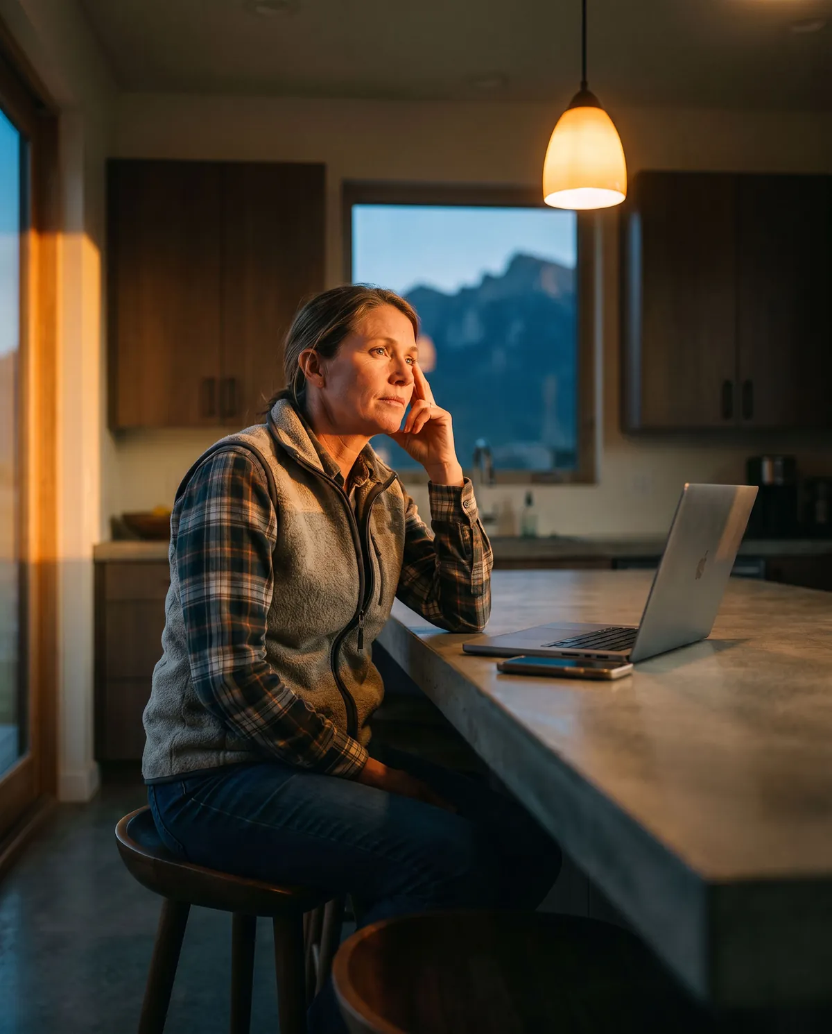 A landscaping business owner at her kitchen island at dusk, chin on her hand, thinking past a closed laptop