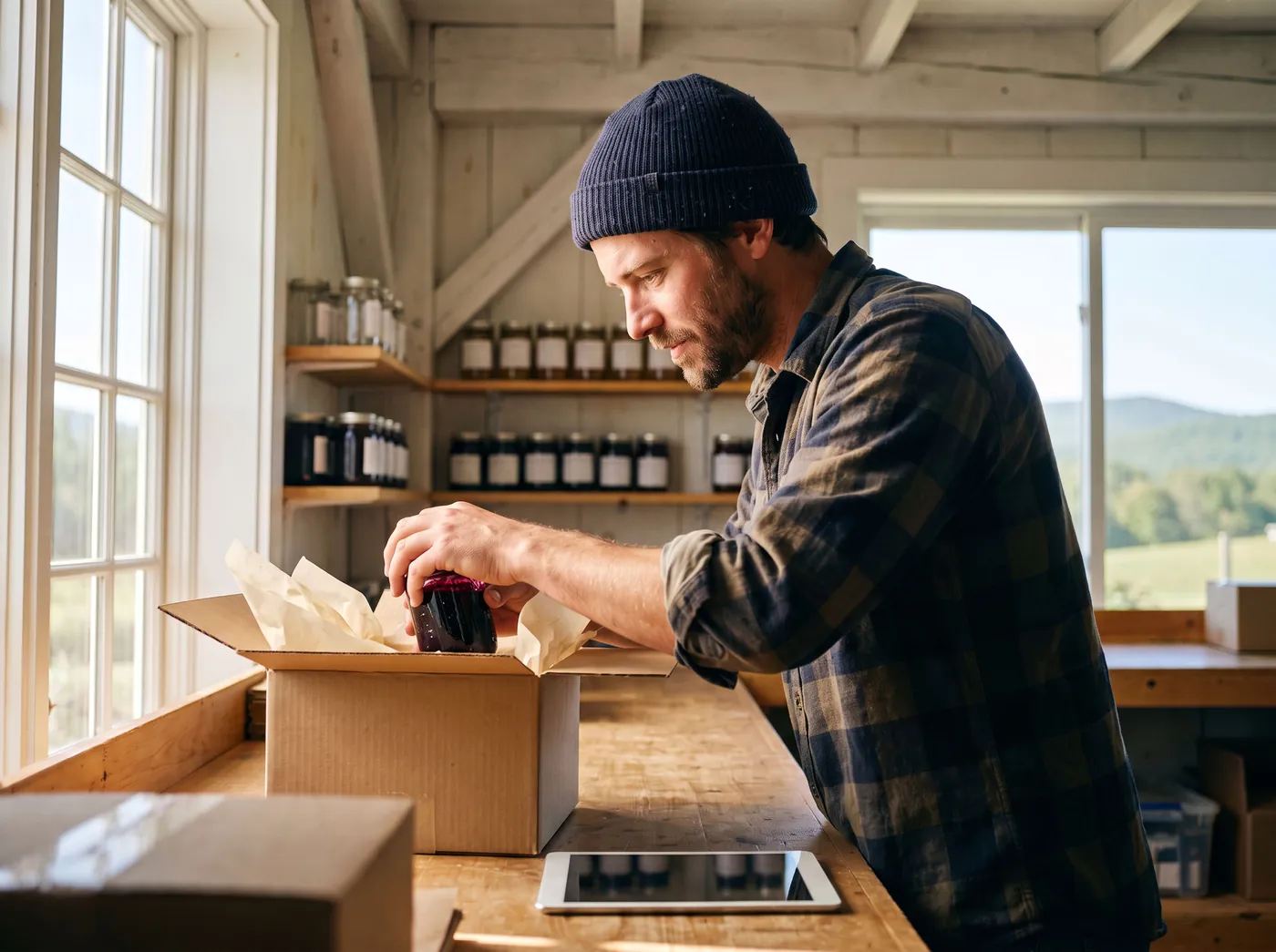 An online shop owner packing a jar of huckleberry jam into a box in his bright barn studio