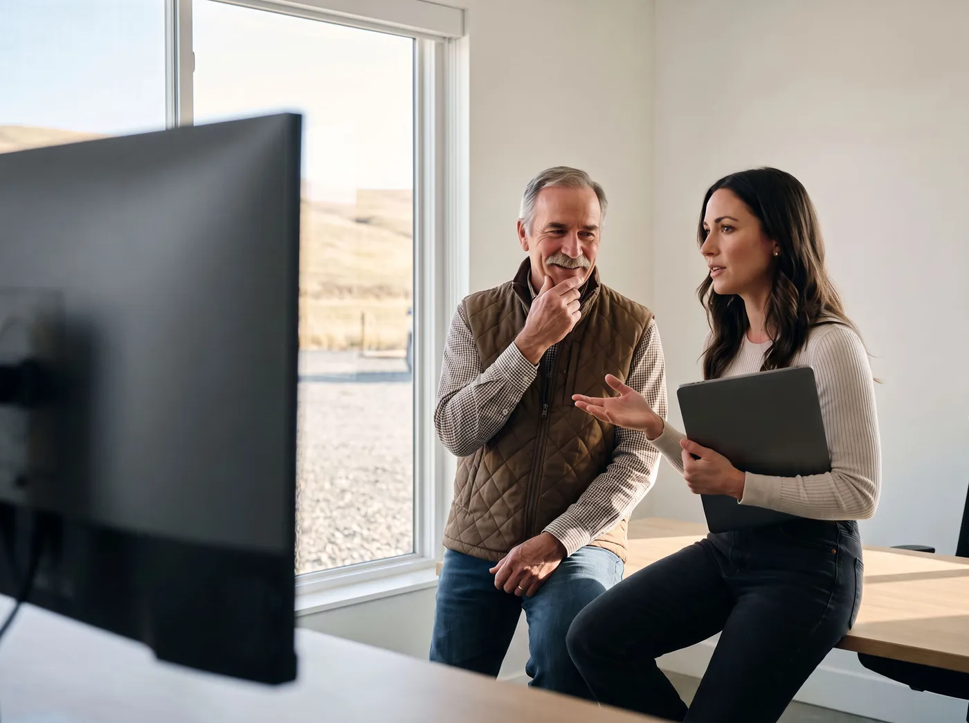 A ranch-supply store owner listening, hand on chin, as his daughter explains the move to QuickBooks Online