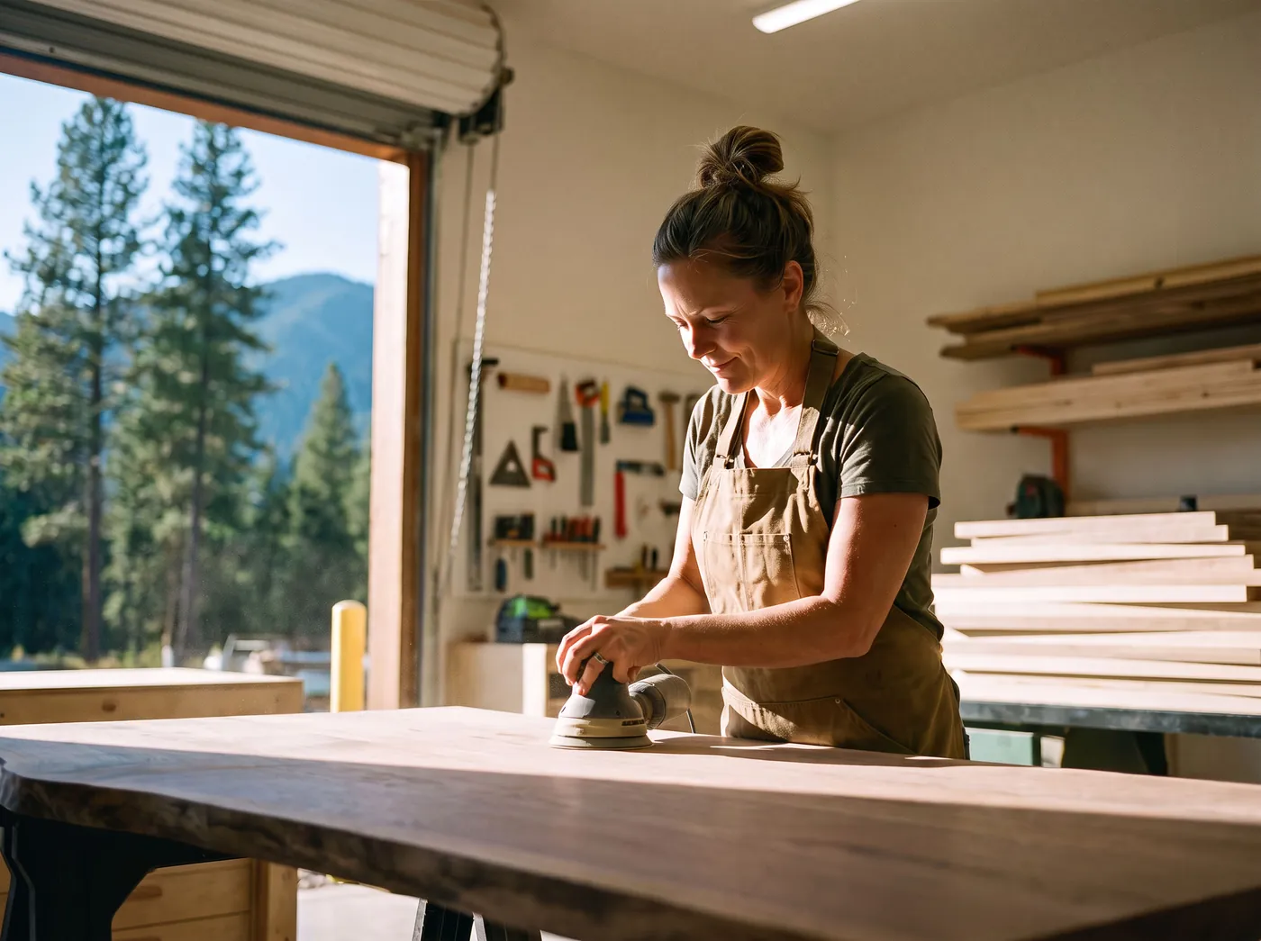 A furniture maker absorbed in sanding a walnut tabletop in her sunlit woodshop