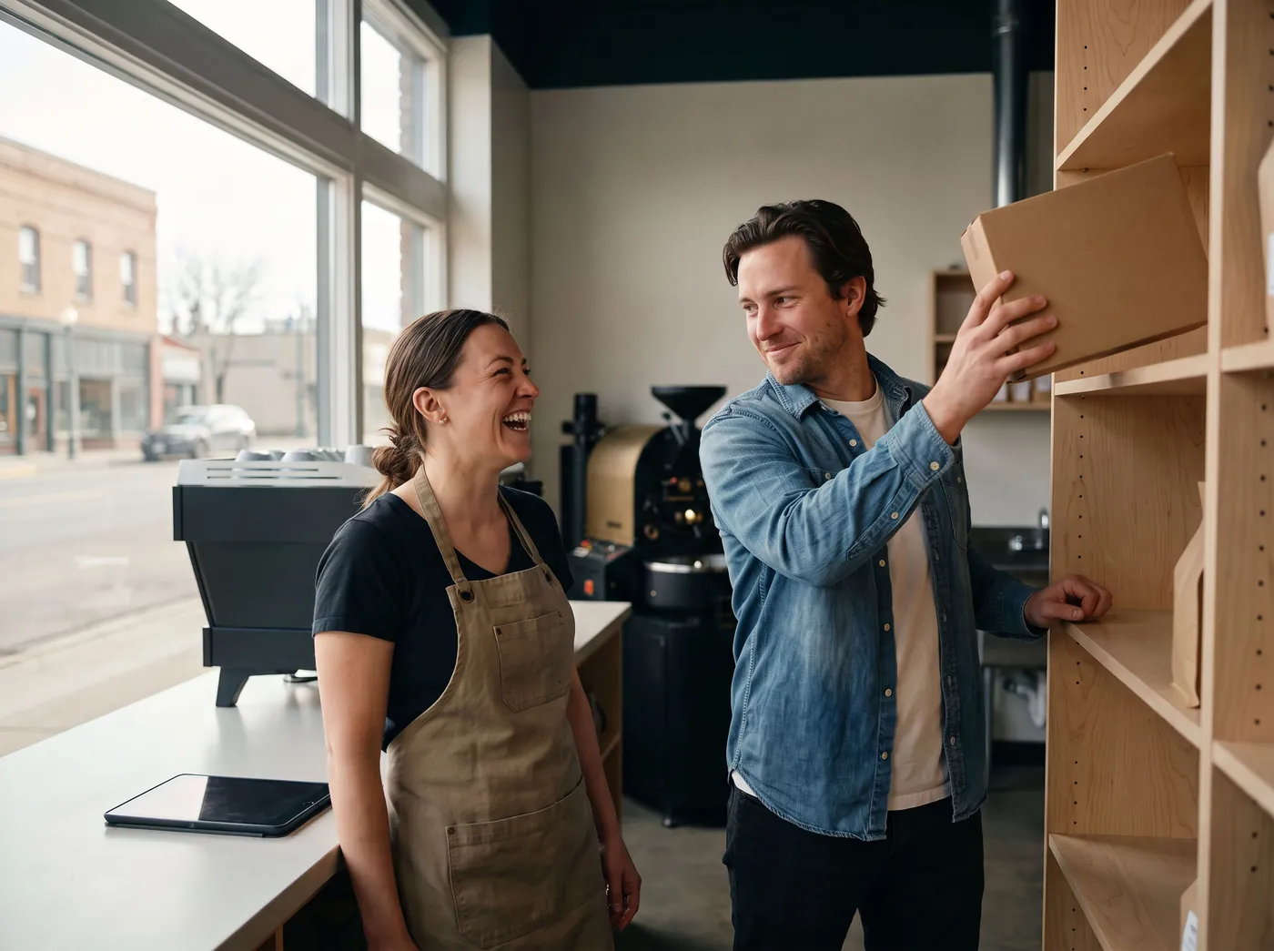 Two young founders laughing as they stock new shelves in their just-opened coffee roastery